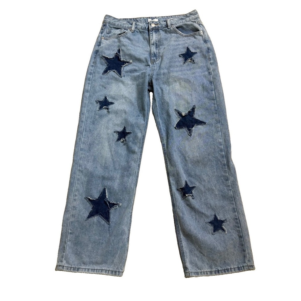 Forever 21 Star Patch Jeans 90s Fit Wide Leg Blue Women 31x30 High Rise Y2K Boho